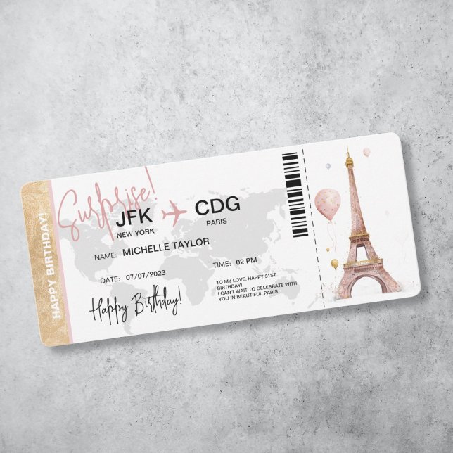 Paris Surprise Carte d'Anniversaire (tour eiffel with pink balloons, boarding pass surprise invitation)