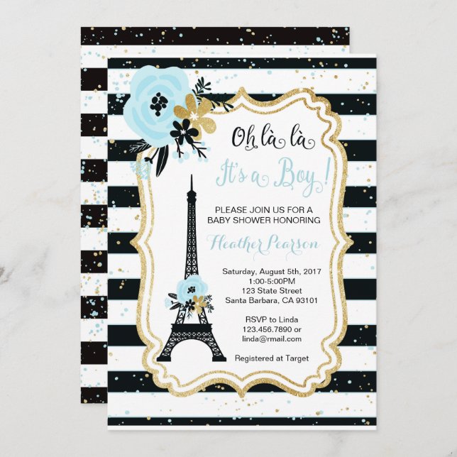 Paris Thème Baby shower Invitation - Bleu (Devant / Derrière)