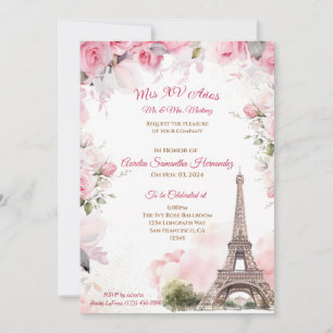 Paris Thème Pink Quinceañera Invitation Floral