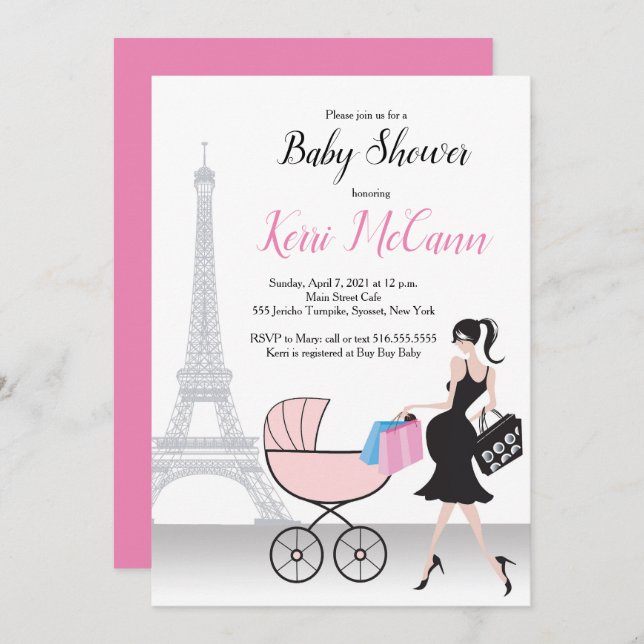 Paris Tour Eiffel Baby shower rose Invitation (Devant / Derrière)