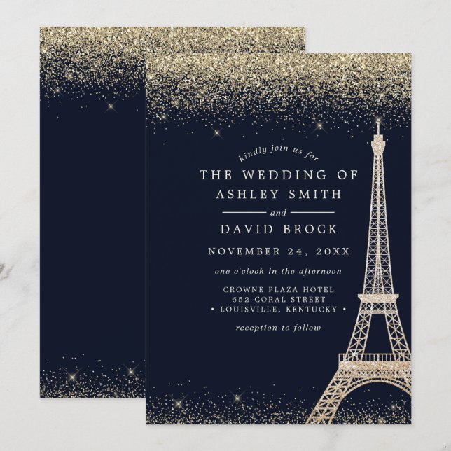 Paris Tour Eiffel Confettis Dorés Invitation de Ma (Devant / Derrière)