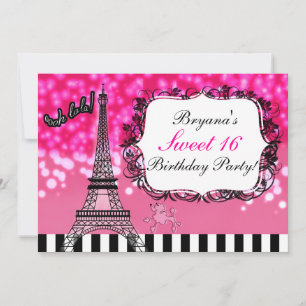 Paris Tour Eiffel Hot Pink Sparkles Invitation