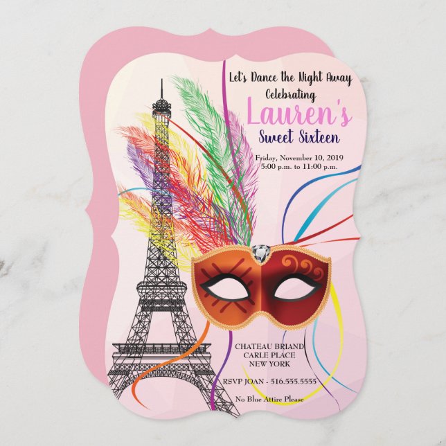 Paris Tour Eiffel Masquerade Sweet 16 Invitation (Devant / Derrière)