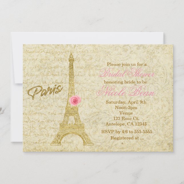 Paris Tour Eiffel Or & Rose Invitations Élégantes (Devant)