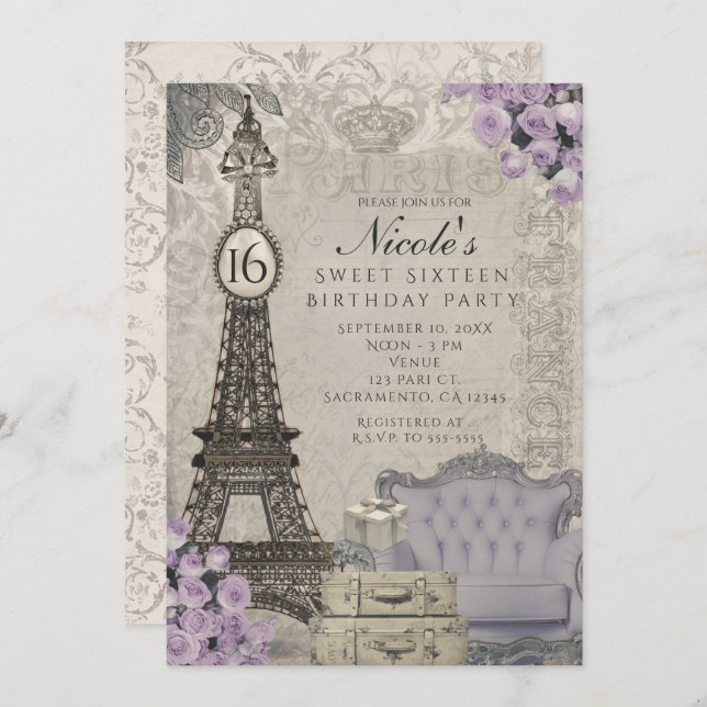 Paris Tour Eiffel Purple Rose Invitations (Devant / Derrière)