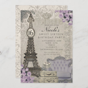 Paris Tour Eiffel Purple Rose Invitations