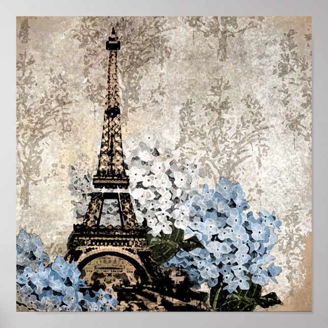 Paris Vintage Hydrangeas Dark Poster ou imprimer (Devant)