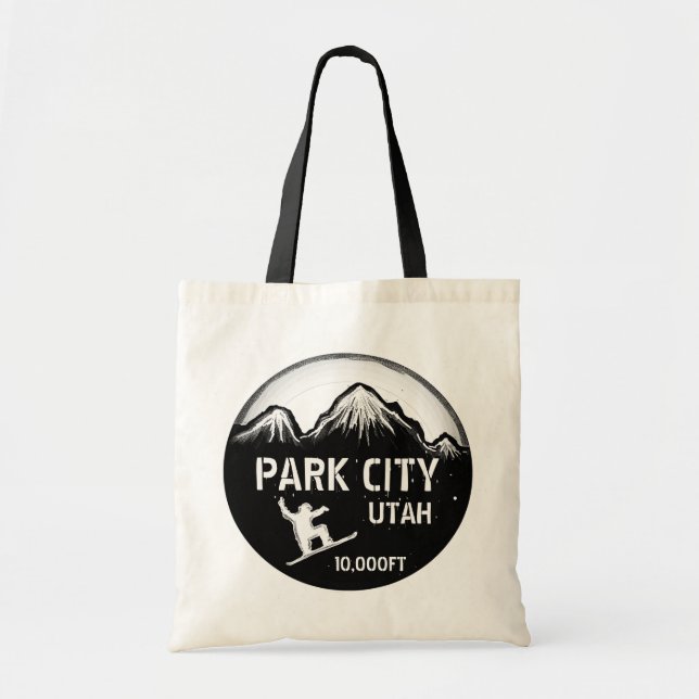 Park City Utah, snowboard art sac noir réutilisabl (Devant)