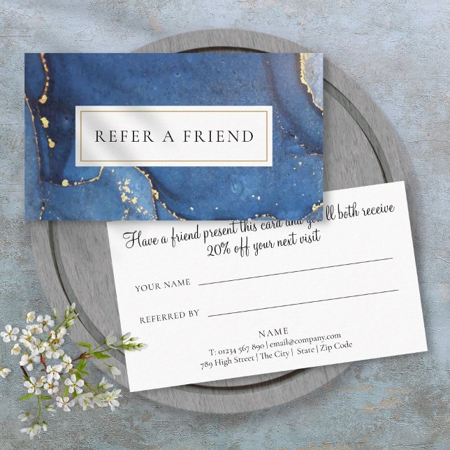 Parrainage Carte de recommandation chic en marbre d'agate Nav (Chic Agate Marble Navy Gold Glitter Referral Card)