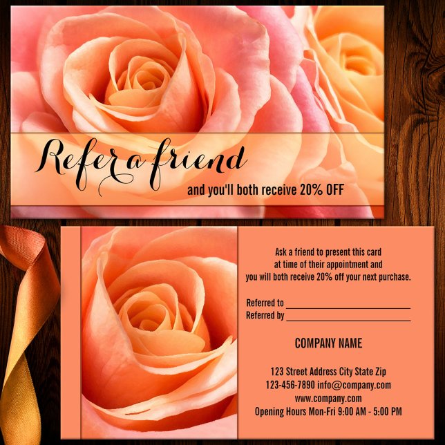Parrainage Coral Roses aiguillage dire à un ami Carte de visi (A referral business card featuring elegant coral roses - great for a beautician or makeup artist)