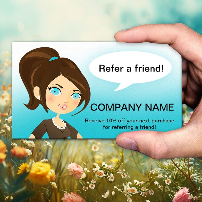 Parrainage Envoyer à un Carte de visite ami (Referral or tell-a-friend business card with a cartoon lady recommending your business)