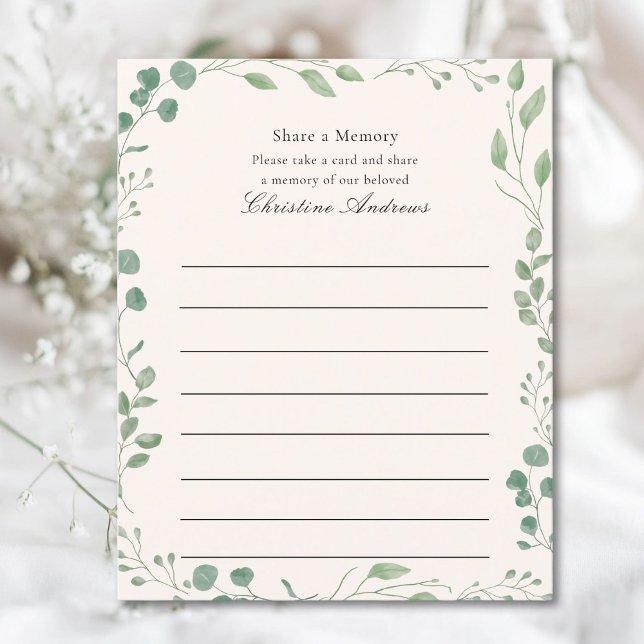 Partager une présence de service funéraire en mémo (Share a Memory!  Minimal, elegant, funeral service attendance beige card, eucalyptus design.)