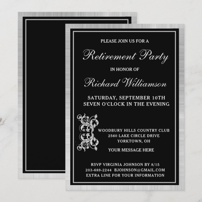 Parti de retraite Elégant Black Silver Invitation (Devant / Derrière)