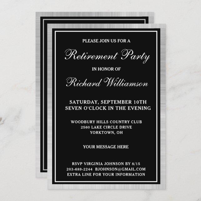 Parti de retraite Elégant Black Silver Invitation (Devant / Derrière)