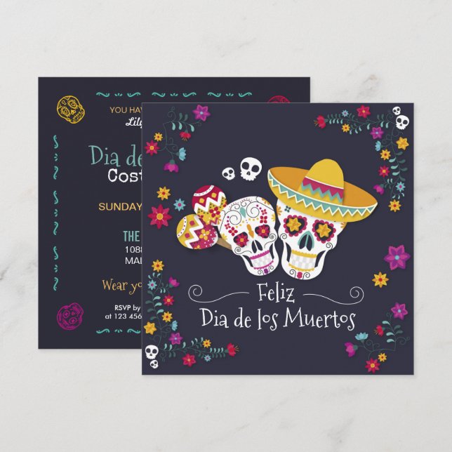 Parti Dia de Muertos coloré | Invitation (Devant / Derrière)