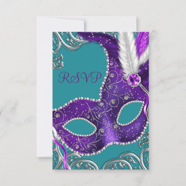 Parti Masquerade bleu violet et turquoise RSVP (Devant)