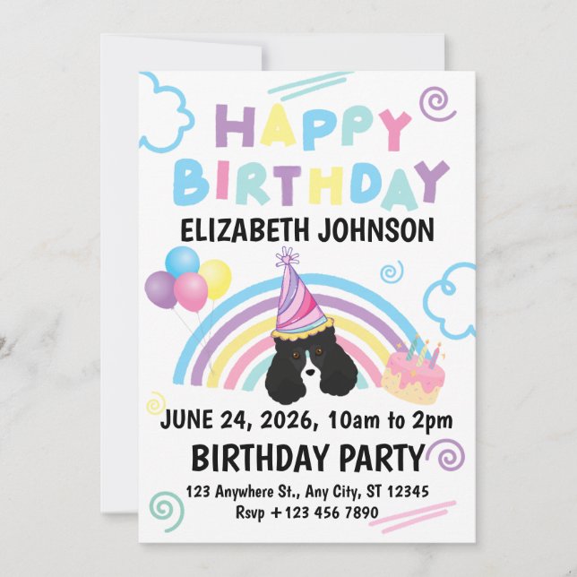 Parti Poodle Birthday Invitation in White (Devant)