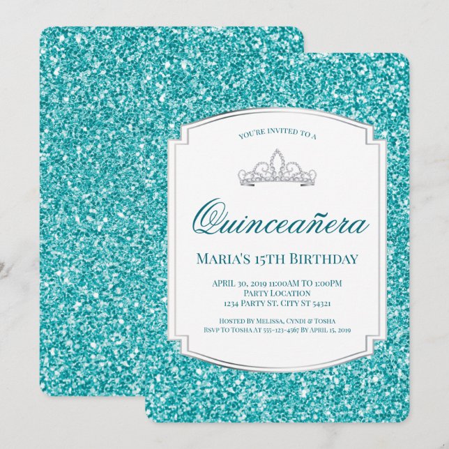 Parties scintillant Aqua Quinceañera Invitations (Devant / Derrière)