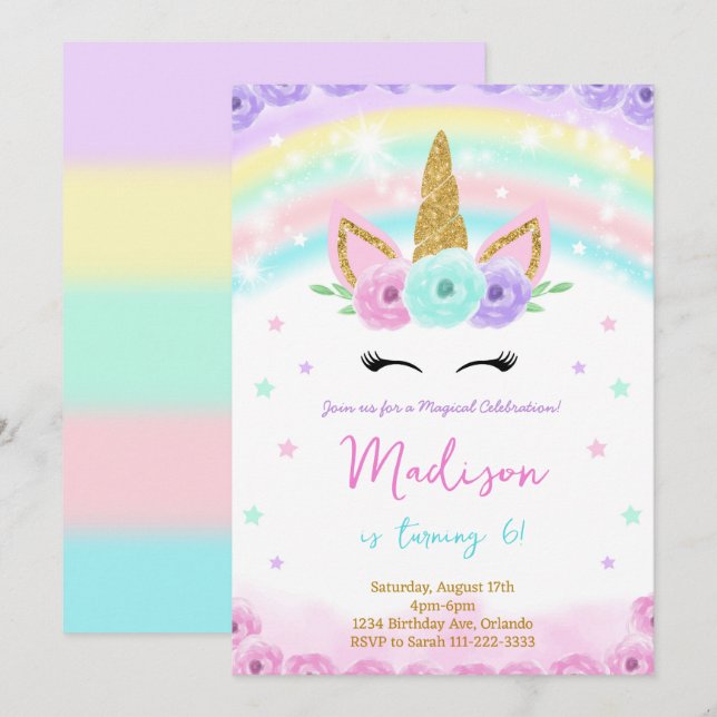 Parties scintillant aquarelle Unicorn Invitation d (Devant / Derrière)