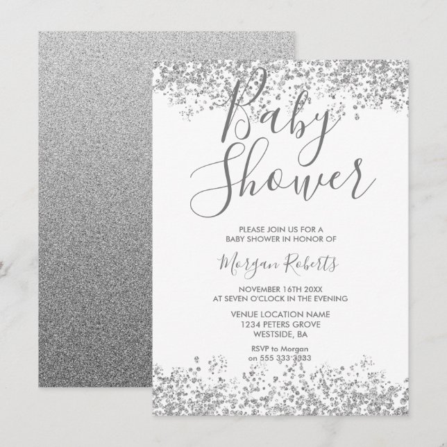 Parties scintillant Argent Invitation Baby shower  (Devant / Derrière)