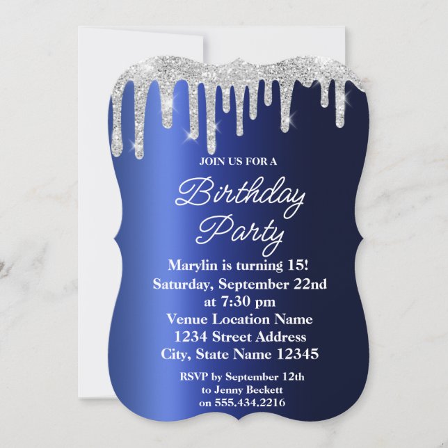 PARTIES SCINTILLANT BLEUE DRIP ÉLÉGANTE INVITATION (Devant)