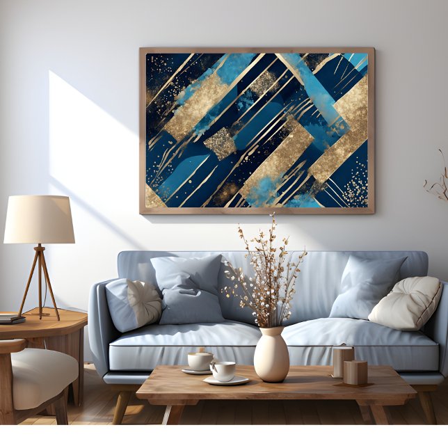 Parties scintillant Bleue Et Or Élégant Poster D'A (Blue And Gold Glitter Elegant Modern Art Poster)
