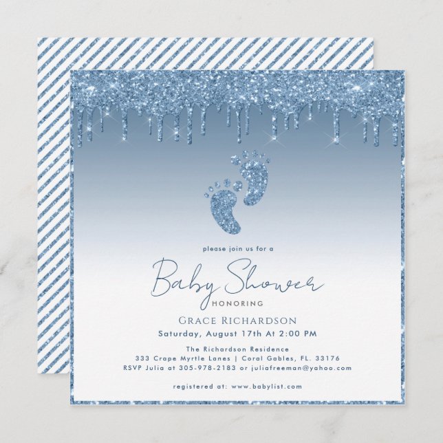 Parties scintillant bleue Invitation Baby shower a (Devant / Derrière)