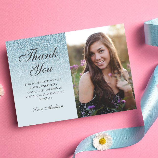 Parties scintillant bleue ombre photo merci Sweet  (Blue Glitter Thank You Card)