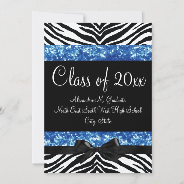 Parties scintillant bleue Zebra Bow Invitation de  (Devant)