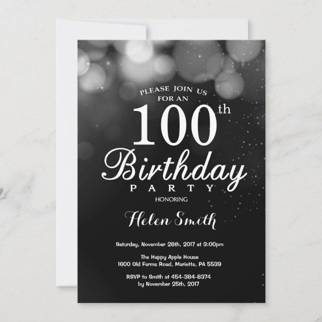 Parties scintillant d'argent 100e carte d'invitati (Devant)