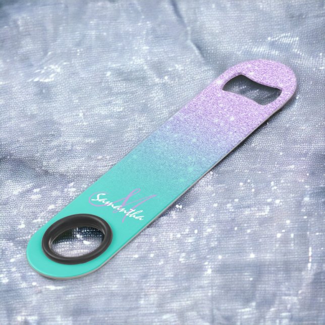 Parties scintillant de lavande monogramme moderne  (Modern monogram lavender glitter ombre turquoise bar key)