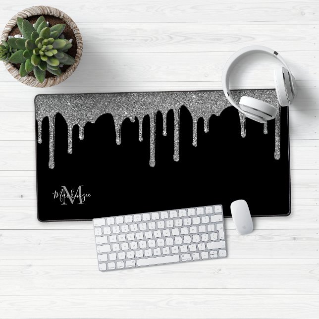 Parties scintillant d'étincelle noire Monogramme (Black and Silver Glitter Drips Desk Mat Mouse Pad)