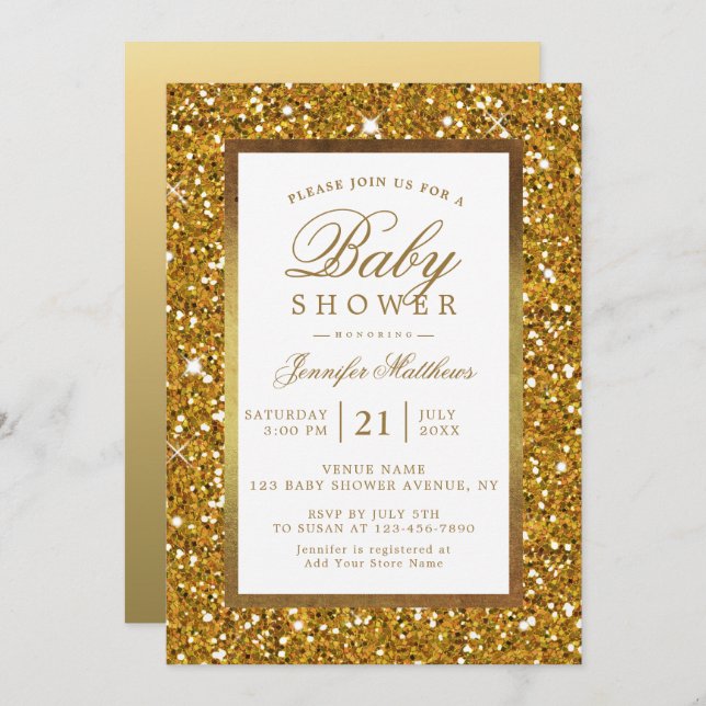 Parties scintillant d'or Faux Invitation d'Baby sh (Devant / Derrière)