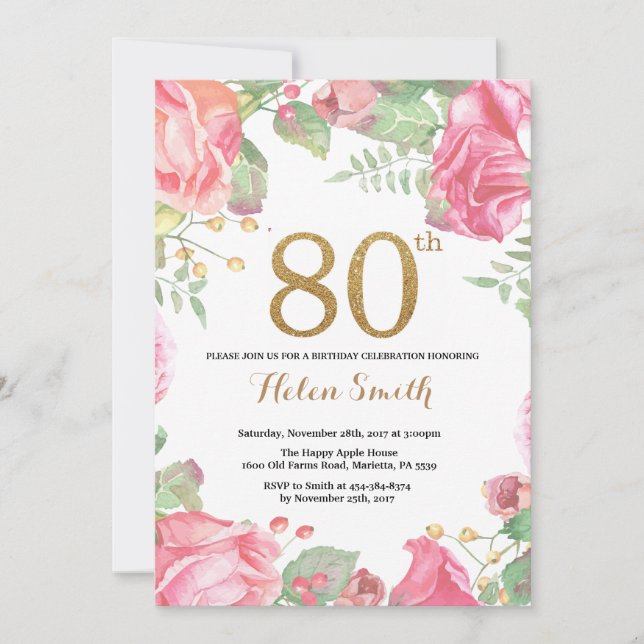 Parties scintillant d'or Floral Invitation 80e ann (Devant)