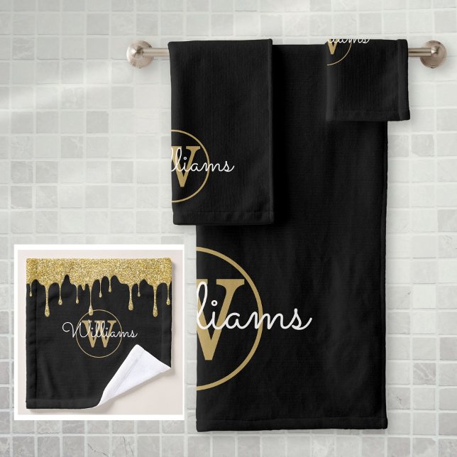 Parties scintillant d'or Nom du script de monogram (Gold Glitter Drips Monogram Script Name Bath Towel Set)