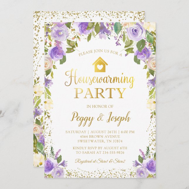 Parties scintillant d'or Purple Floral Invitation  (Devant / Derrière)