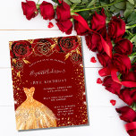 Parties scintillant d'or rouge anniversaire invita<br><div class="desc">Une invitation moderne, élégante et glamour pour une fête d'anniversaire du 18ème (ou tout âge). Un arrière - plan rouge avec de la poussière de parties scintillant en faux or, une robe et des roses rouges, des fleurs. Le nom est écrit avec un script de style moderne écrit à la...</div>