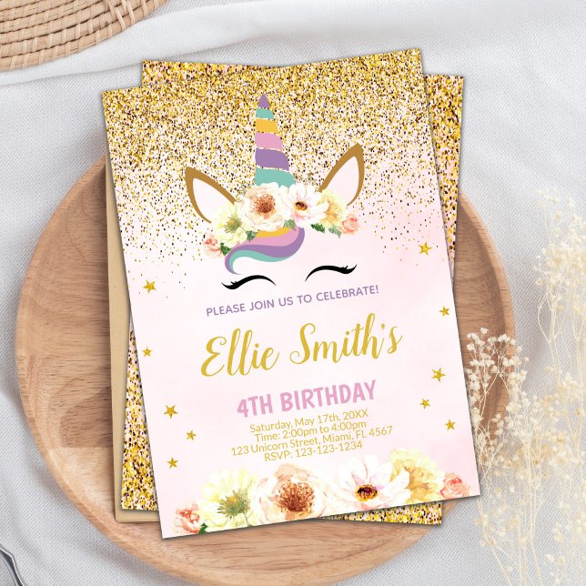 Parties scintillant d'or Unicorn Invitations d'ann (Golden Glitter Unicorn Birthday Invitations)