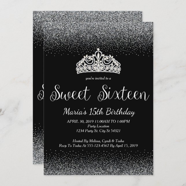 Parties scintillant en argent, Sweet 16 Invitation (Devant / Derrière)