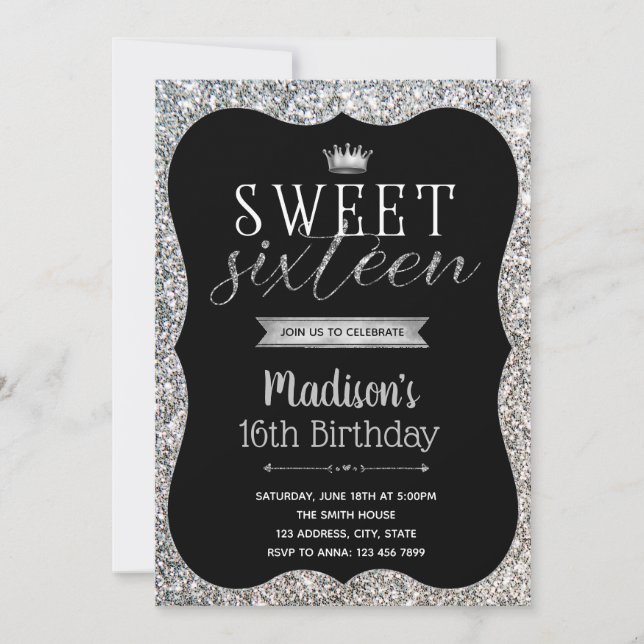 Parties scintillant en argent Sweet 16 invitation  (Devant)