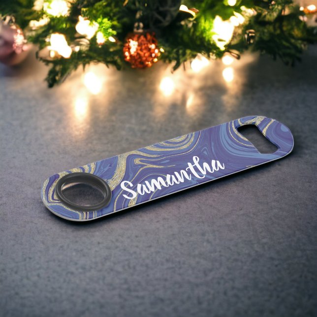 Parties scintillant en or monogramme moderne marbr (Modern monogram gold glitter marble navy blue bar key)