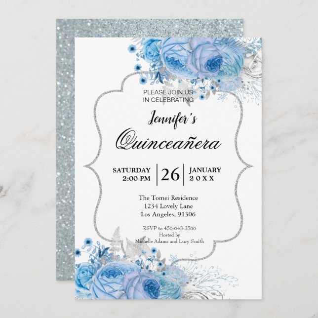 Parties scintillant Floral Quinceanera Invitation (Devant / Derrière)