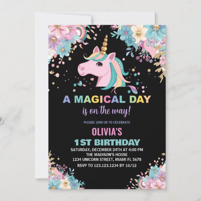 Parties scintillant Florale Unicorn Invitations An (Devant)
