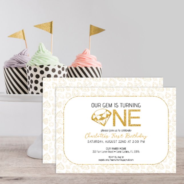 Parties scintillant Gold Gem 1er Invitation annive (minimalist gem birthday party invitation in glitter gold, bold typography)