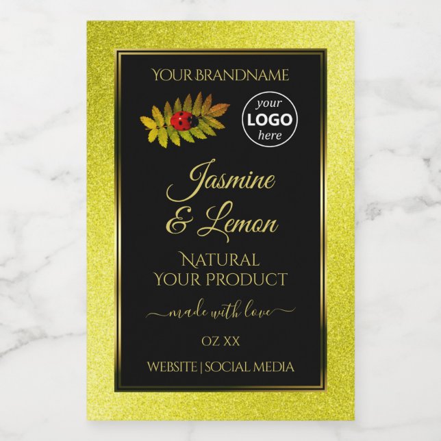 Parties scintillant jaune Noir Étiquettes Ladybug  (Étiquettes simples)