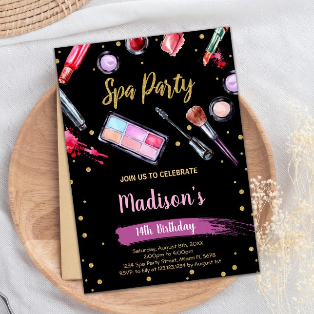 Parties scintillant noire Spa Invitations d'annive (Black Glitter Spa Birthday Invitations)