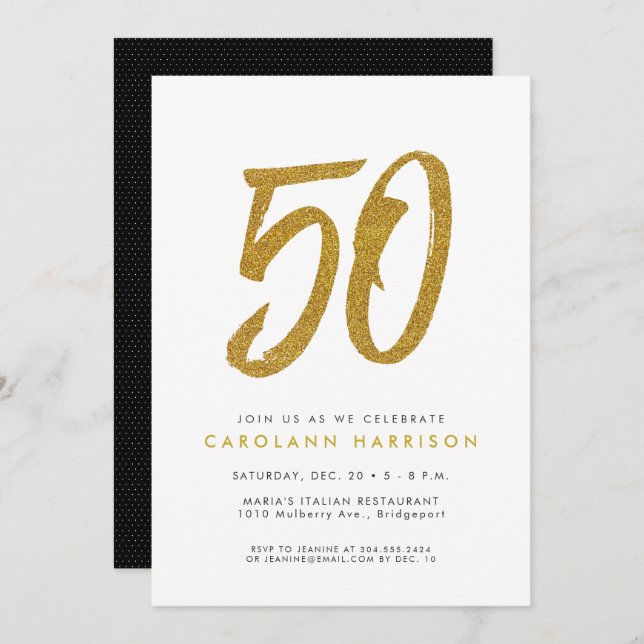 Parties scintillant or 50e anniversaire invitation (Devant / Derrière)