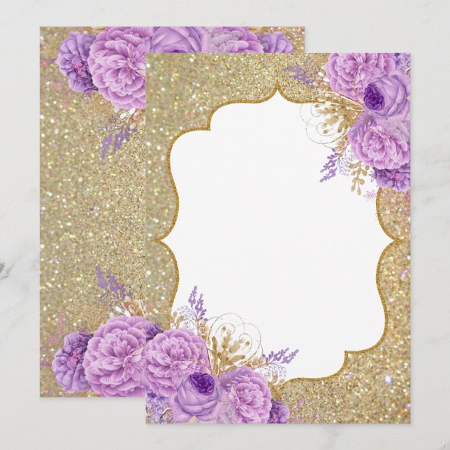 Parties scintillant Purple Floral Blank Invitation (Devant / Derrière)