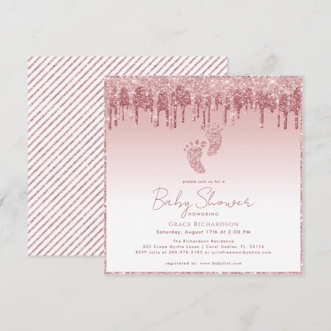 Parties scintillant rose Baby shower Invitation av (Devant / Derrière)