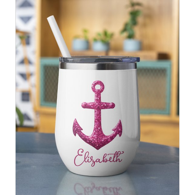 Parties scintillant rose étincelle Nom de l'Ancre  (Nautical wine tumbler for summer fun, brides, and bridesmaids)